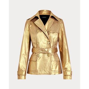 Ralph Lauren | Gold Metallic Belted Trench Jacket | Size LP | Y2K Glam Coat